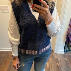 Vintage Blue Silver Metallic Sweater Vest Size Large raime cotton blend zip up